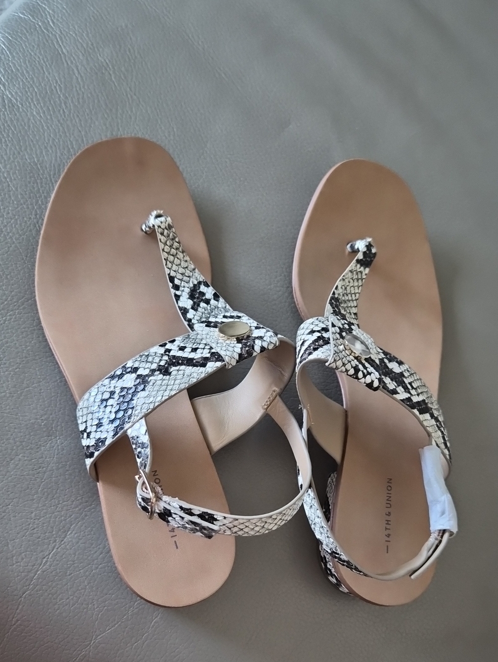 14th & Union Snake-Print T-Strap Sandals in Black and White with Tan Footbed